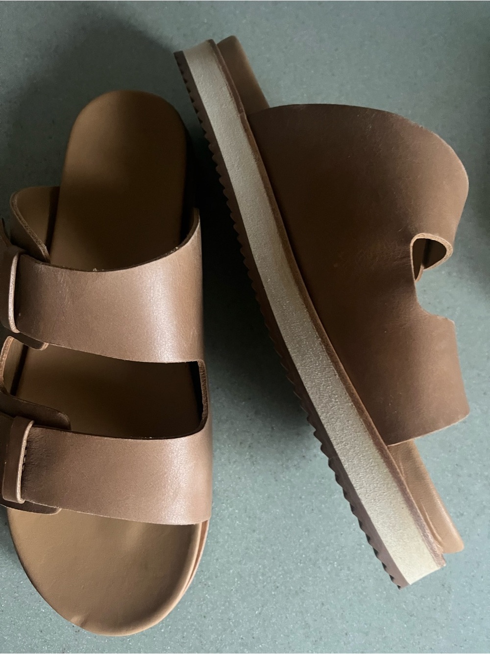 Nisolo Ella Flatform tan Leather Double-Strap Slide Sandals Sz 8.5